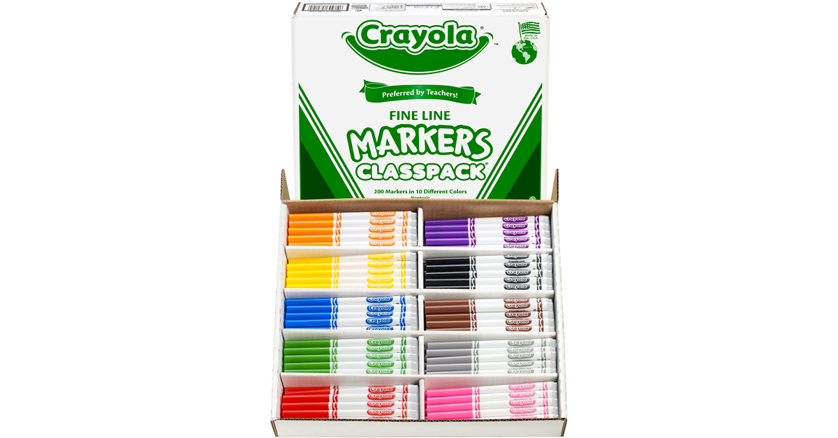 Crayola Washable Marker Classroom Set, Fine Tip, 10 Assorted Colors, Set of  200