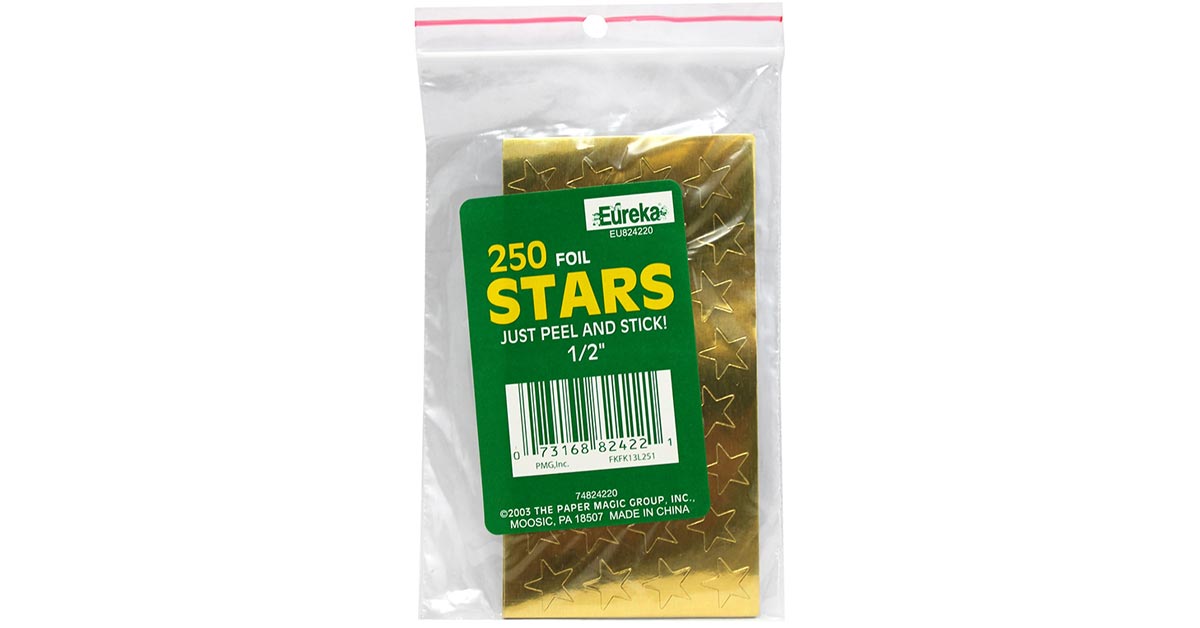 Stickers Foil Stars 1/2 250/Pk Gold - Eureka