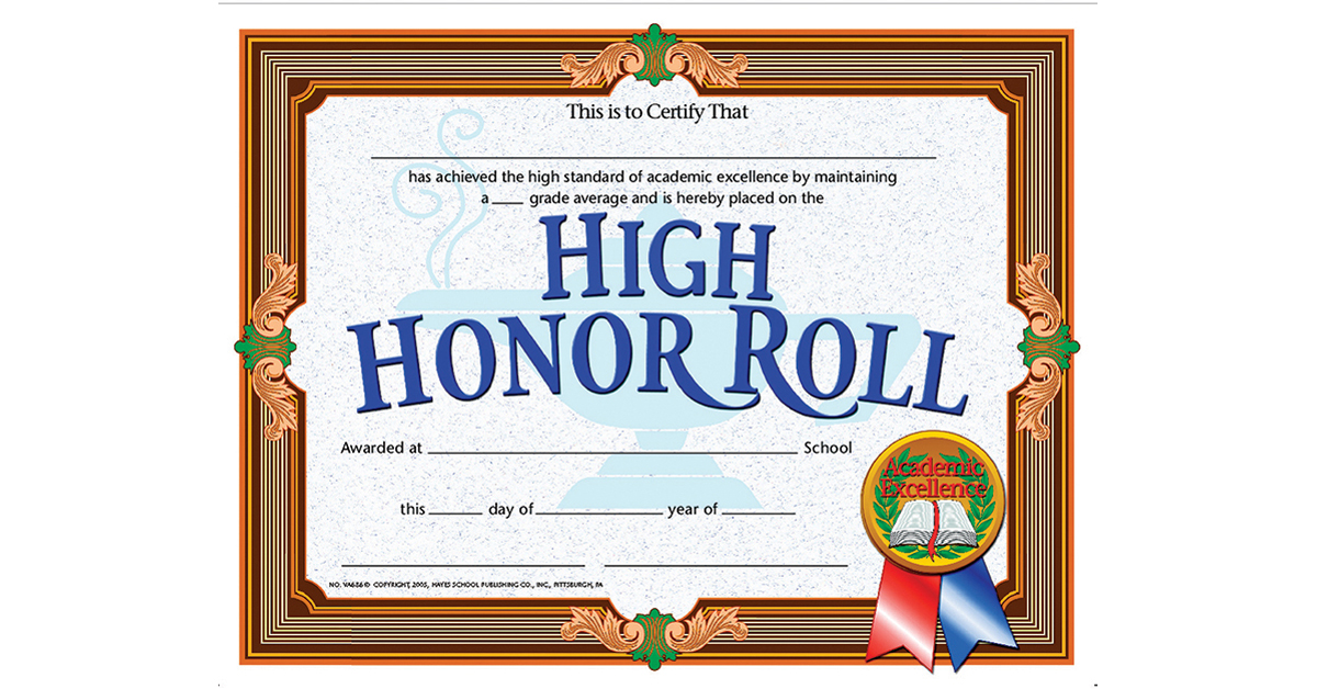 High Honor Roll Certificate, 8.5" x 11", Pack of 30 HVA686