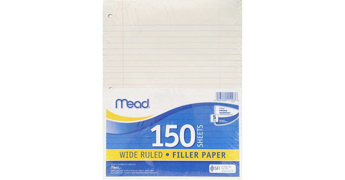 Mead Loose Leaf Paper, 3 Hole Punch, Reinforced Filler Paper, Wide Ruled  Paper
