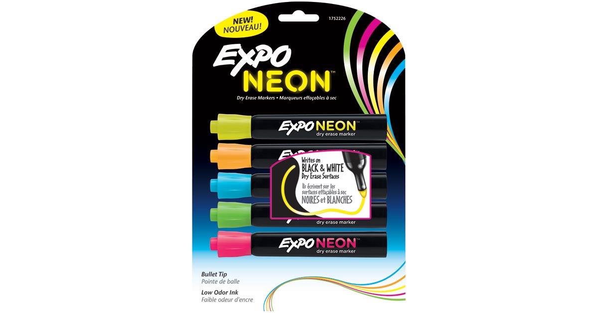 Neon Dry Erase Marker, Bullet Tip, Assorted, Pack of 5 - SAN1752226, Sanford L.P.