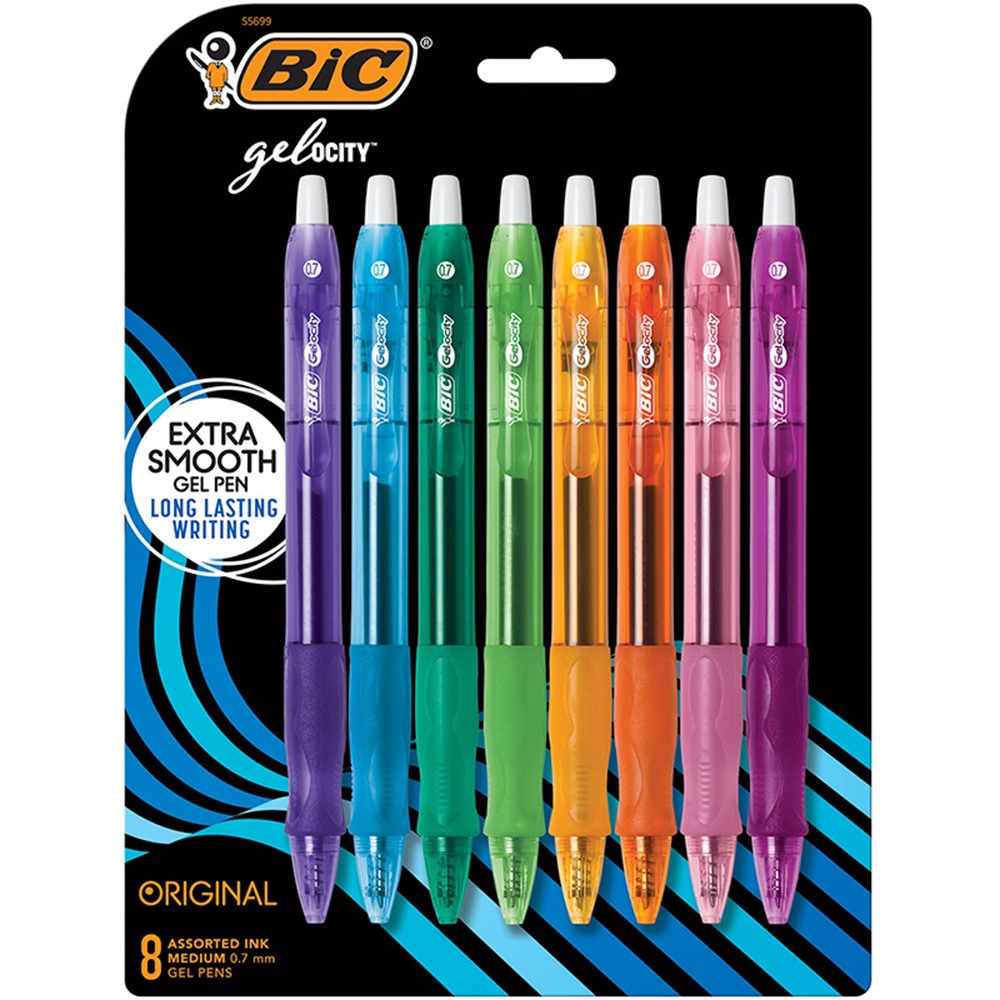 Gelocity Original Long Lasting Fashion Gel Pens, Medium Point (0.7mm)  Assorted Ink, 8-Count Pack - BICRLCAP81AST, Bic Usa Inc