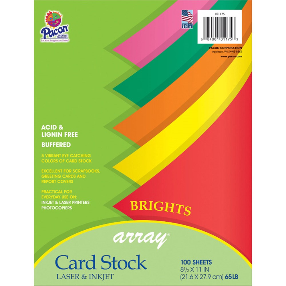 Bright Card Stock, 5 Assorted Colors, 8-1/2 x 11, 100 Sheets - PAC101175, Dixon Ticonderoga Co - Pacon