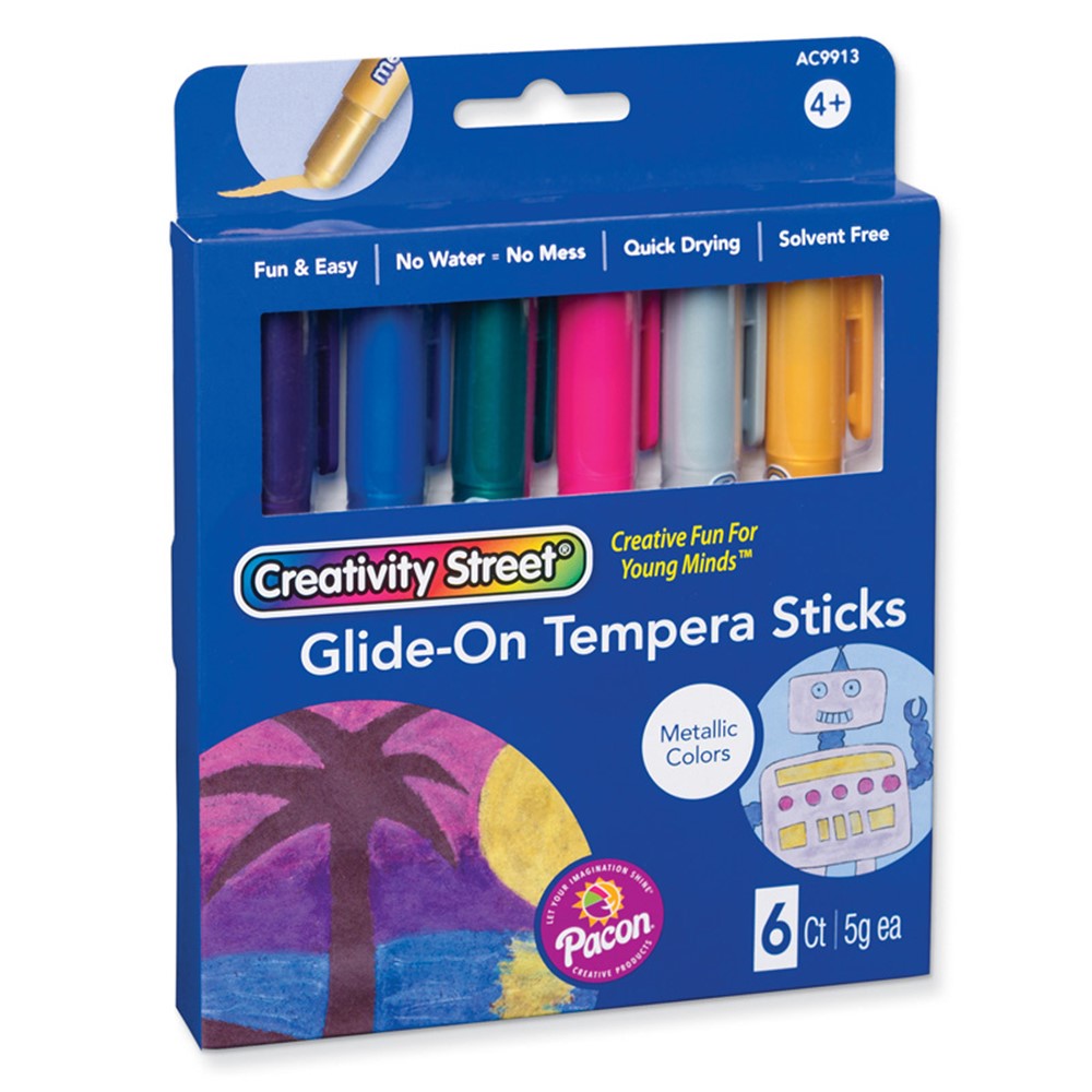 Glide-On Tempera Paint Sticks, 6 Assorted Metallic Colors, 5 grams, 6 Count  - PACAC9913