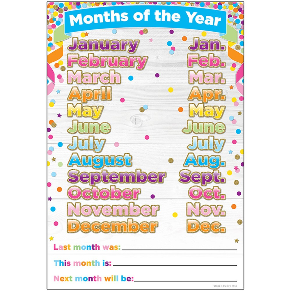 ASH91039 - Smart Confetti Months The Year Chrt Dry-Erase Surface in Classroom Theme