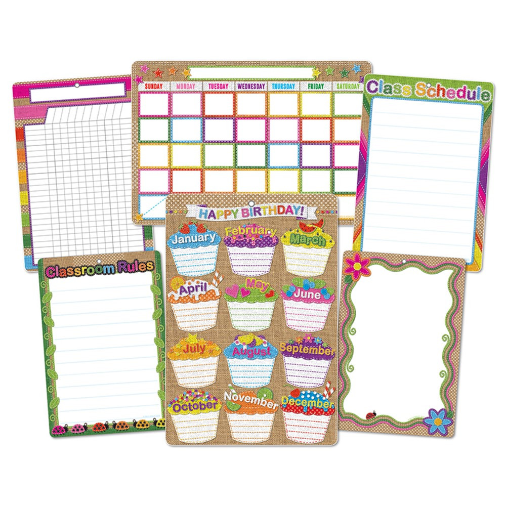 ASH91206 - 6 Pk Burlap Stitched Class Charts Smart Poly in Classroom Theme