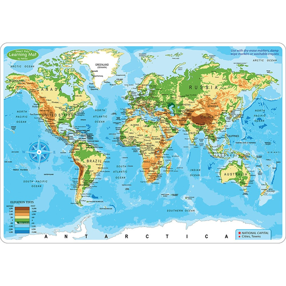 ASH95003 - World Map Physical Learn Mat 2 Side Write On Wipe Off in Maps & Map Skills