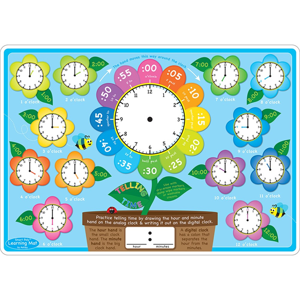 ASH95018 - Telling Time Learning Mat 2 Sided Write On Wipe Off in Time