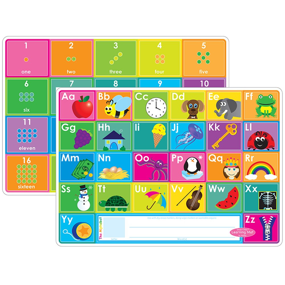 ASH95620 - 10Pk Abc & Numbers 1-20 Learn Mat 2 Sided Write On Wipe Off in Numeration