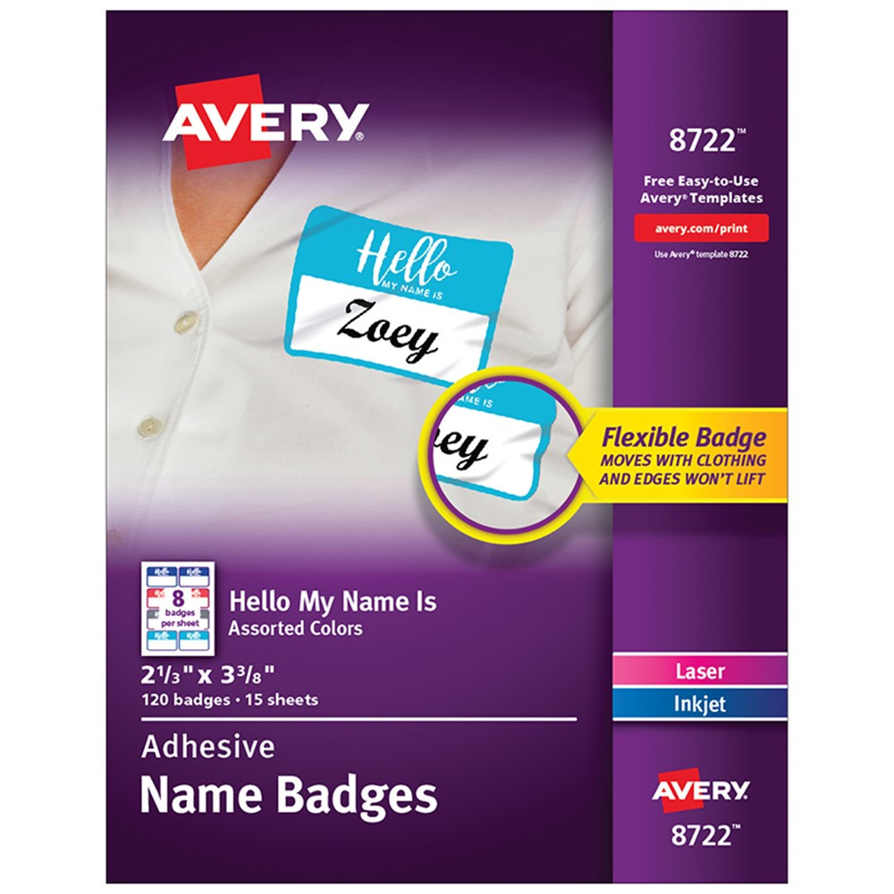 AVE08722 - Flexible Adhesive Name Badge Labels Hello My Name Is Assorted Colors in Name Tags
