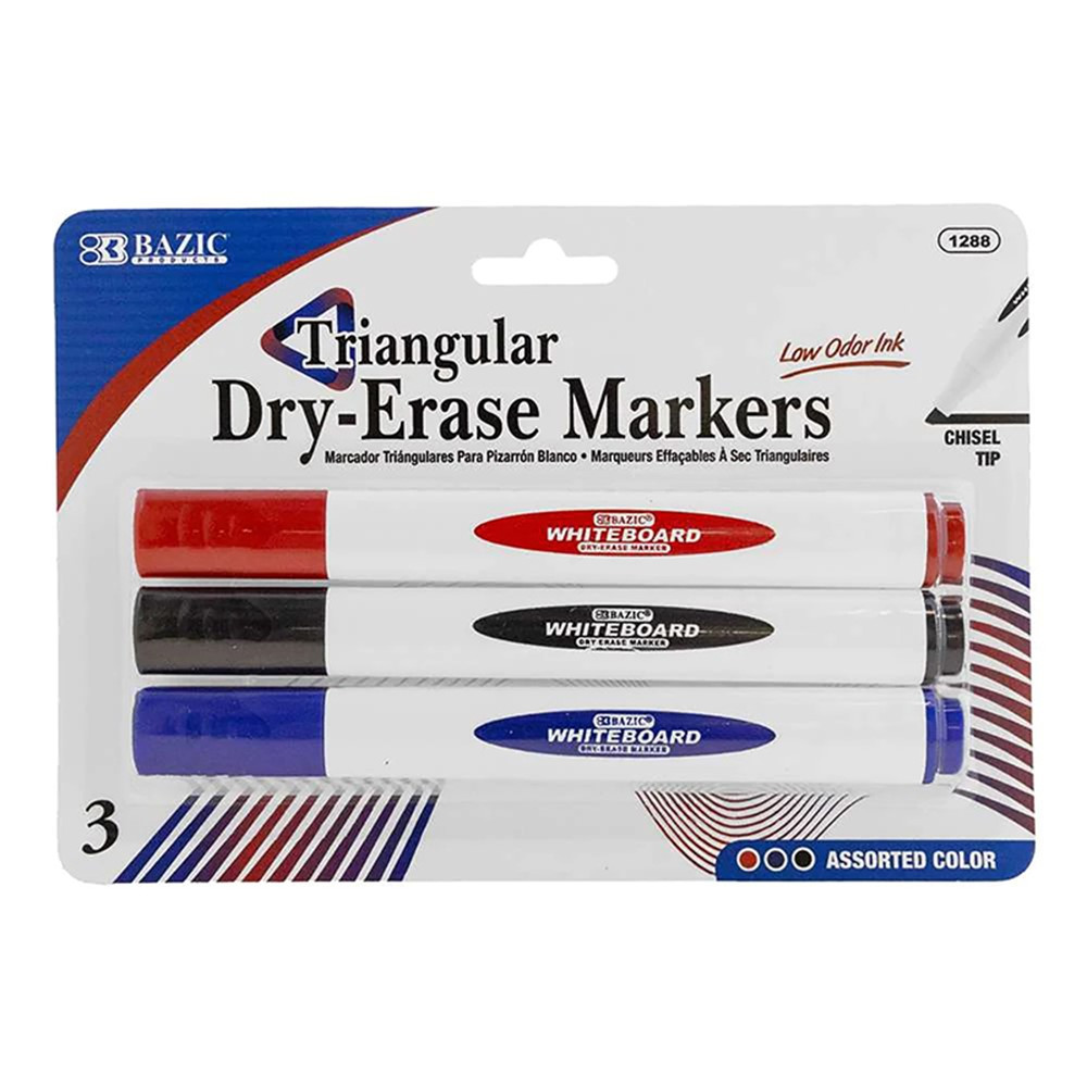 Triangle Dry-Erase Markers, Chisel Tip, Assorted Colors, Pack of 3 - BAZ1288 | Bazic Products | Markers