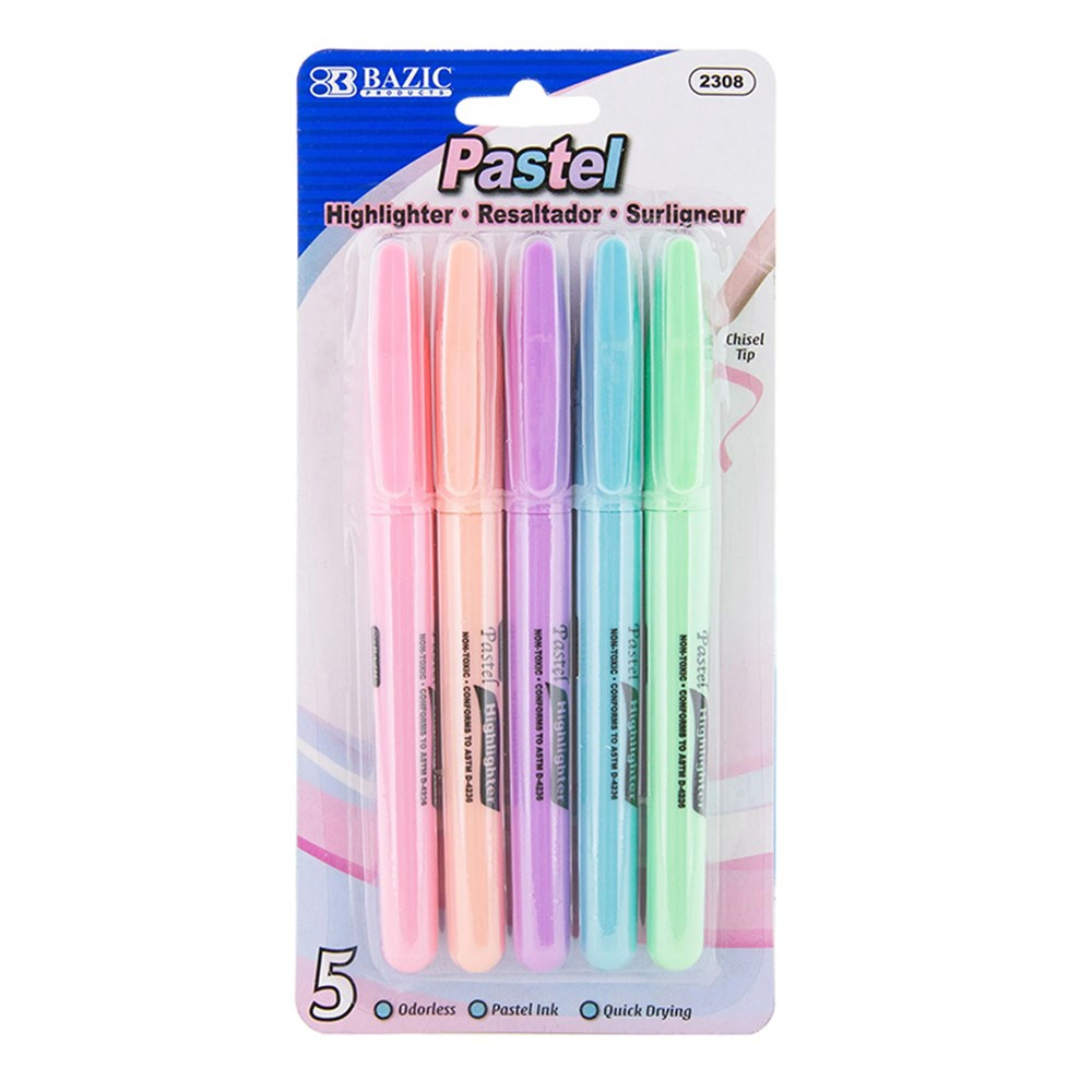 Pen Style Highlighter with Pocket Clip, Pastel, Pack of 5 - BAZ2308 | Bazic Products | Highlighters