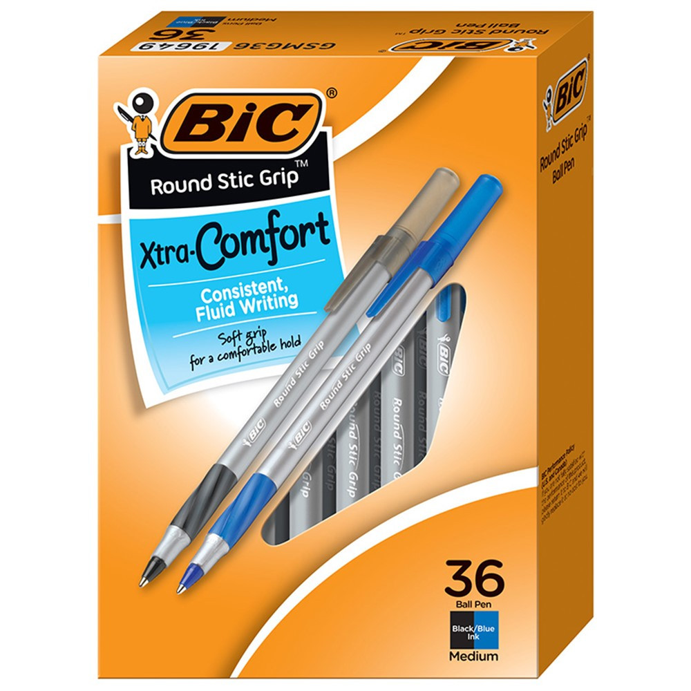 Round Stic Grip Xtra Comfort Ballpoint Pens, Medium Point (1.2mm), Assorted Colors, 36-Count Pack, Assorted Pens for Office Supplies - BICGSMG361AST | Bic Usa Inc | Pens