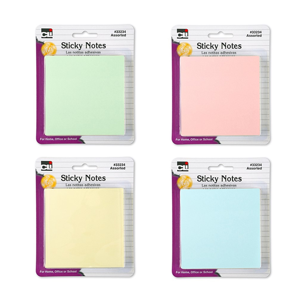 CHL33234 - Sticky Notes 3X3 4 Pads Pastel Asst in Post It & Self-stick Notes