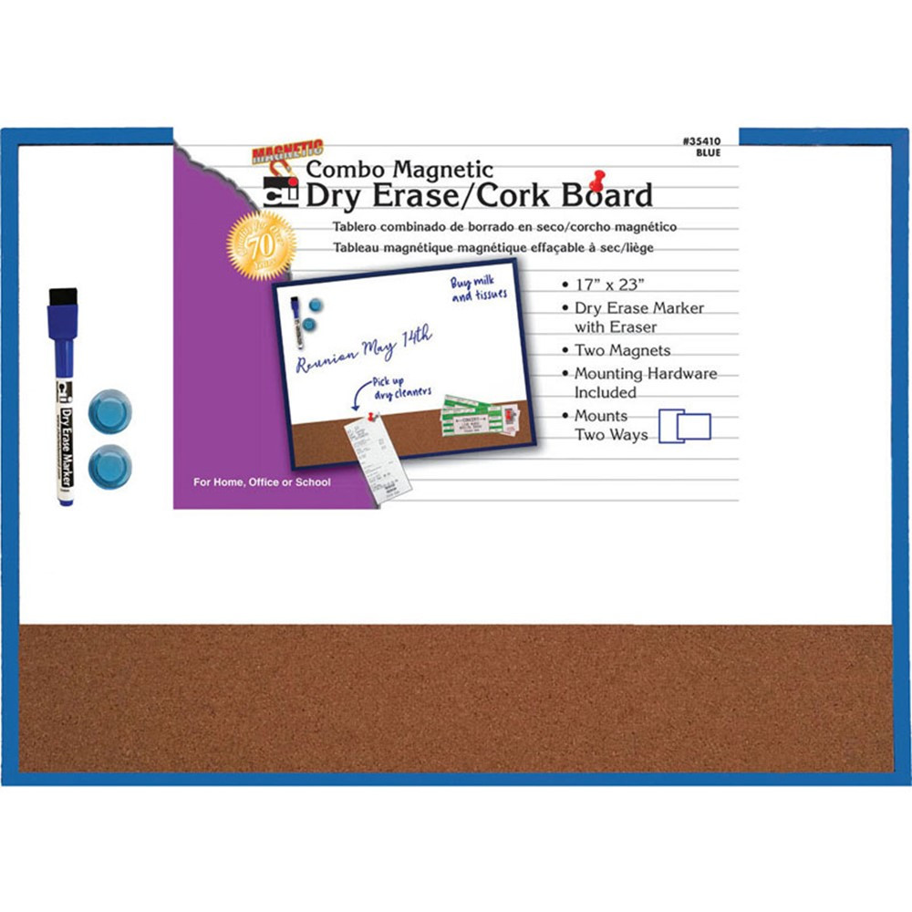 Magnetic Dry Erase Board with Cork Board, 17" x 23", w/Eraser/Marker and 2 Magnets, Blue Frame, 1 Each - CHL35410 | Charles Leonard | Dry Erase Boards
