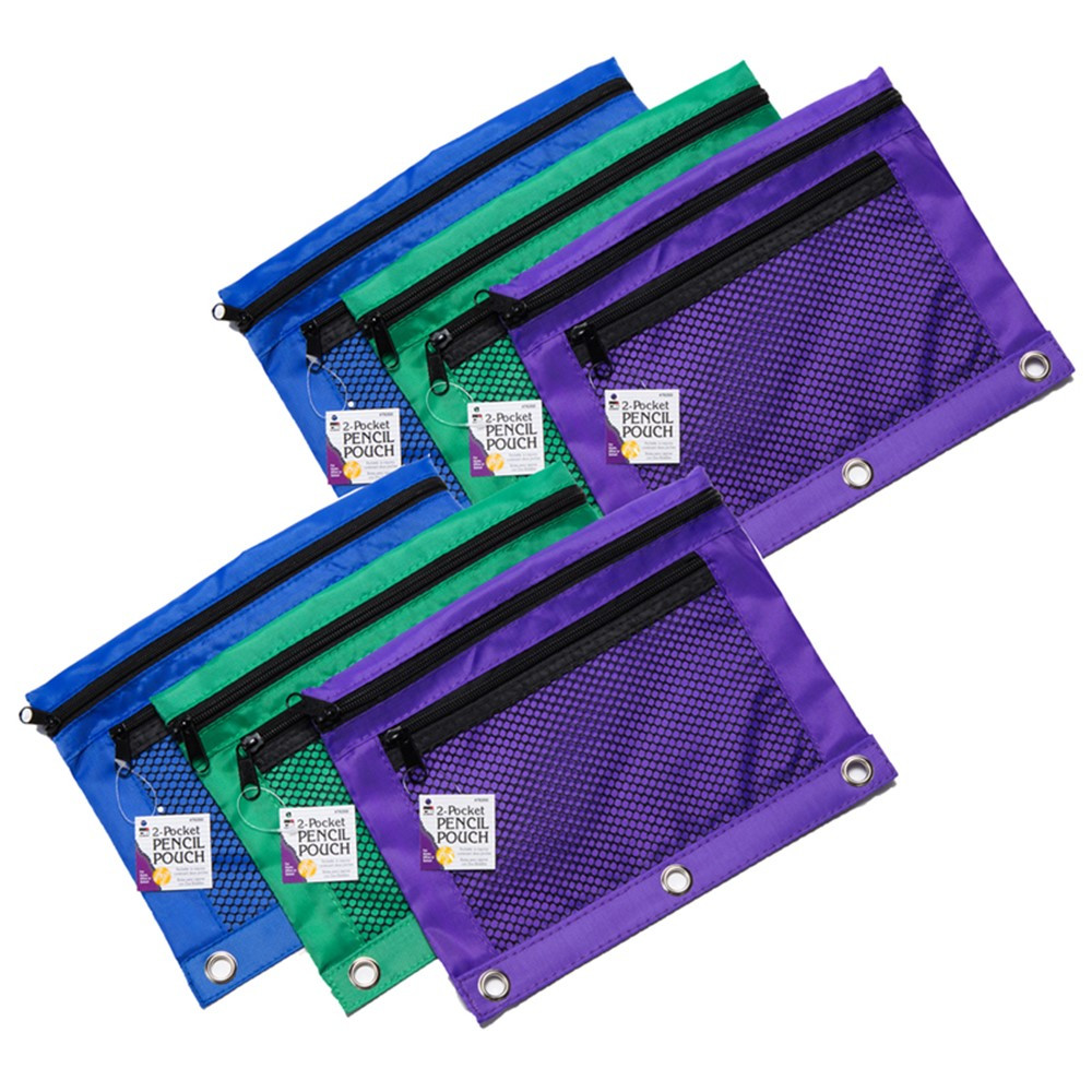 Pencil Pouch - 2 Pocket with Mesh Front - 3 Assorted Colors - 6/Bag - CHL76359 | Charles Leonard | Pencils & Accessories