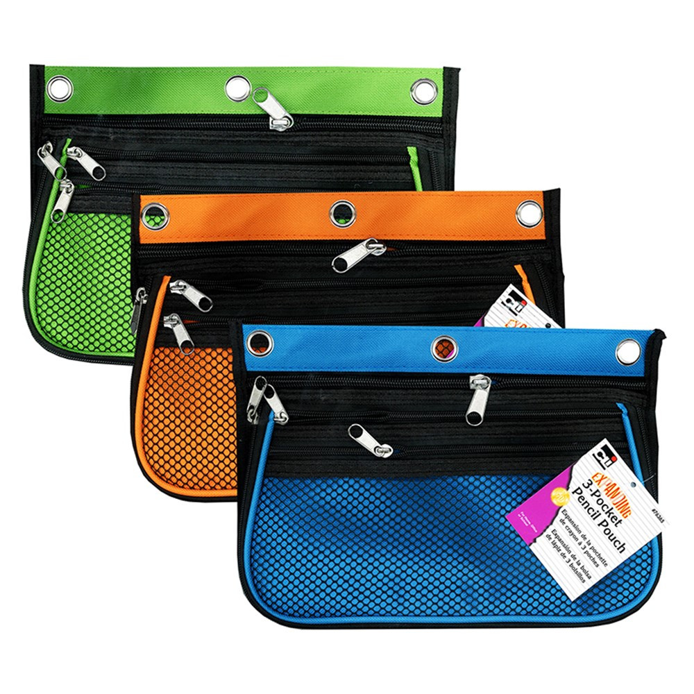3 Pocket Pencil Pouch, Expanding to 2.25", 10.25"W x 7.25"H x 2.5"D - Assorted Colors, Pack of 3 - CHL763653 | Charles Leonard | Pencils & Accessories
