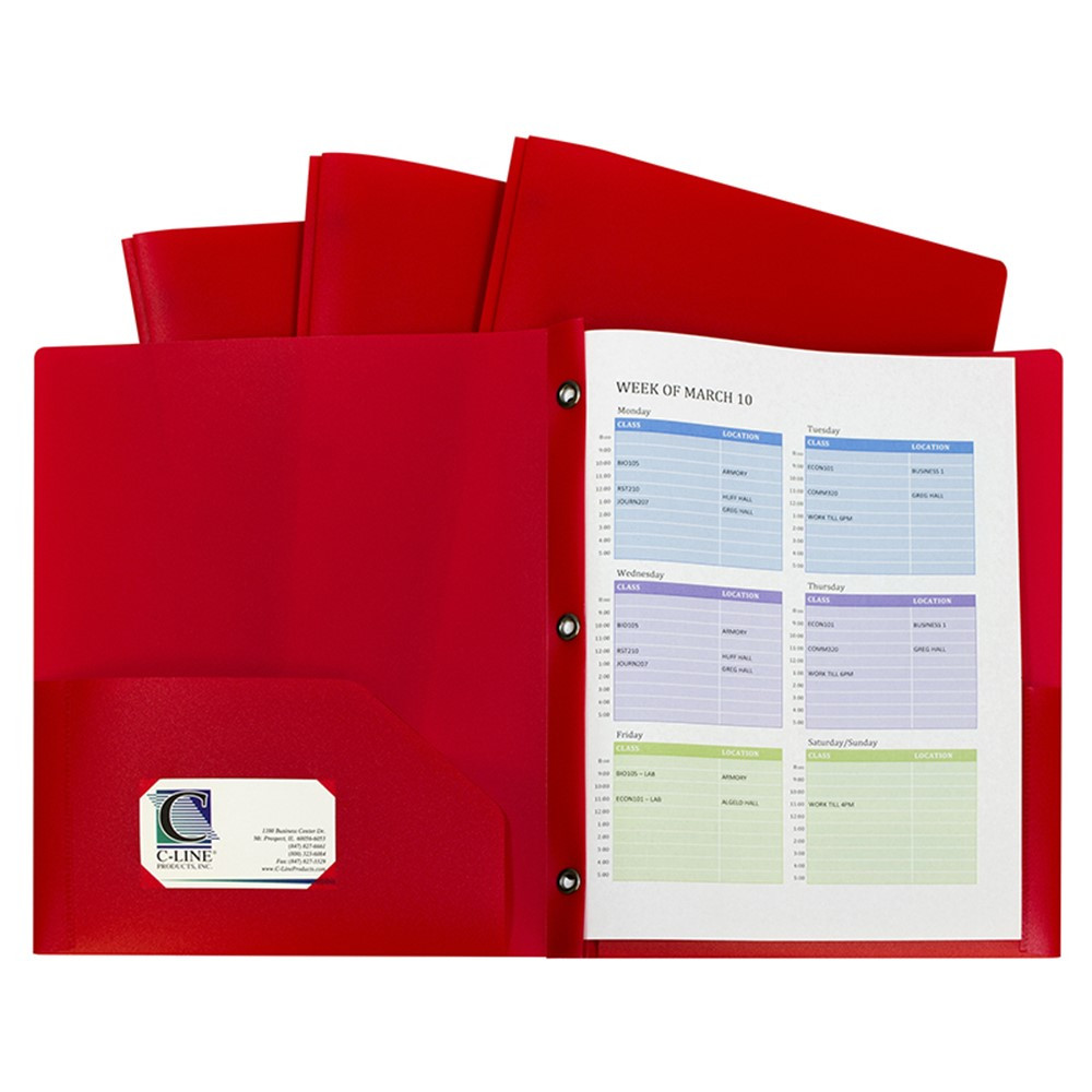CLI32964 - Red Two Pocket Poly Portfolios With Prongs Pack Of 10 in Folders