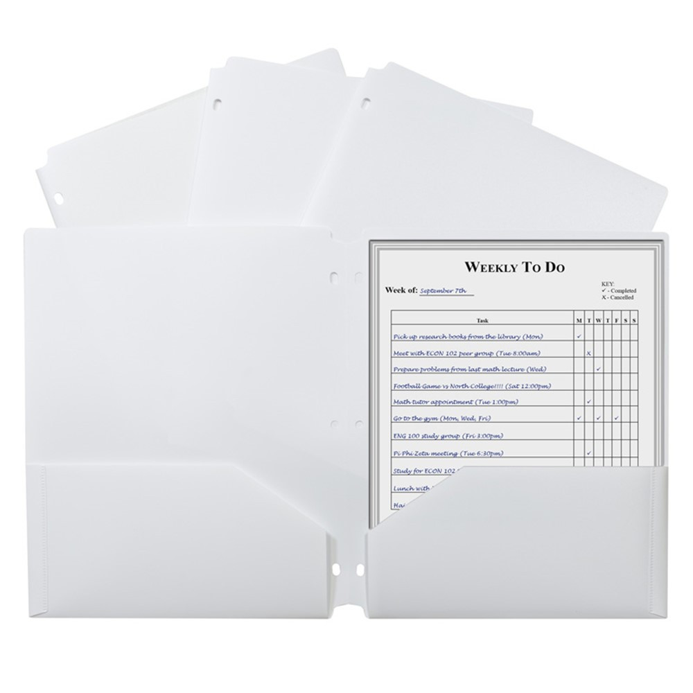 CLI33937 - 2 Pocket Poly Portfolio White W/ 3 Hole Punch in Folders