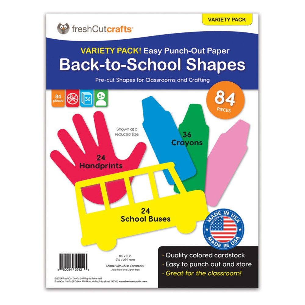 Punch Out Paper Cutouts, Back to School Shapes, Handprints, Crayons & School Bus, 84 Pieces - FCC850054391216 | Freshcut Crafts | Accents