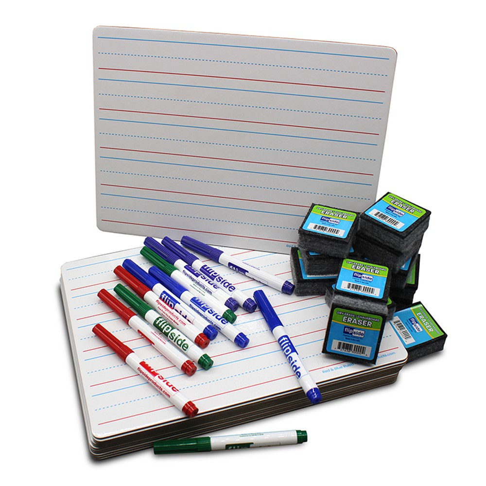 Two-Sided Dry Erase Boards, Red & Blue Ruled/Plain, 9" x 12", with Colored Pens & Student Erasers, Class Pack 12 - FLP21134 | Flipside | Dry Erase Boards