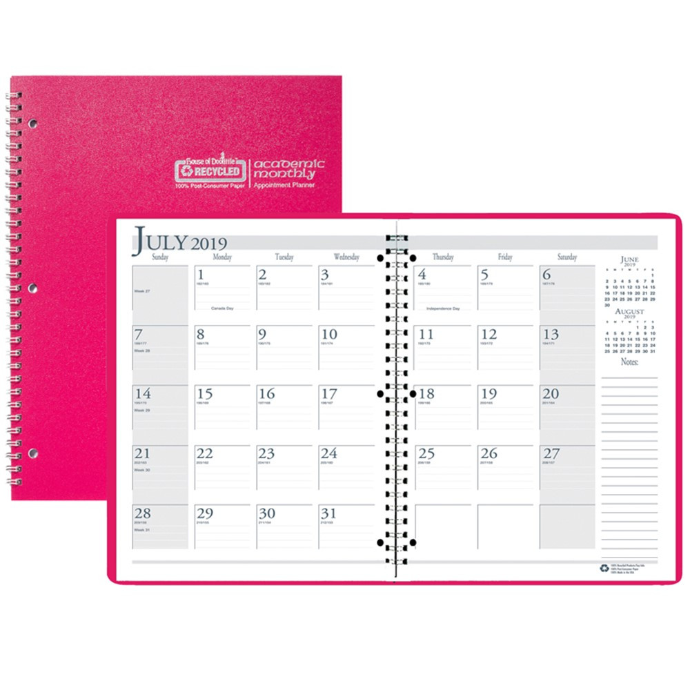 HOD26305 - Academic Monthly Planner 8 1/2 X 11 Pink Wirebound in Plan & Record Books
