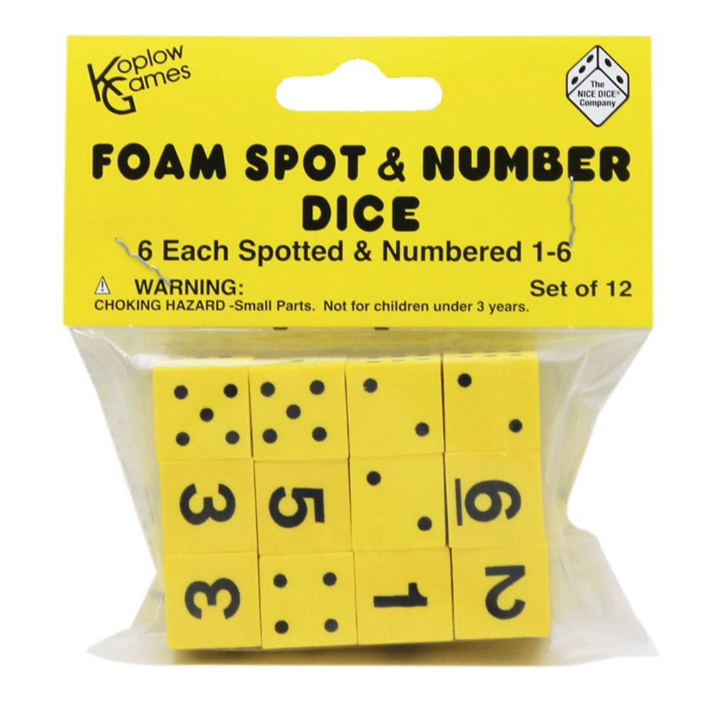 KOP17338 - 16Mm Foam Dice 12Pk Yellow Spot & Number in Dice
