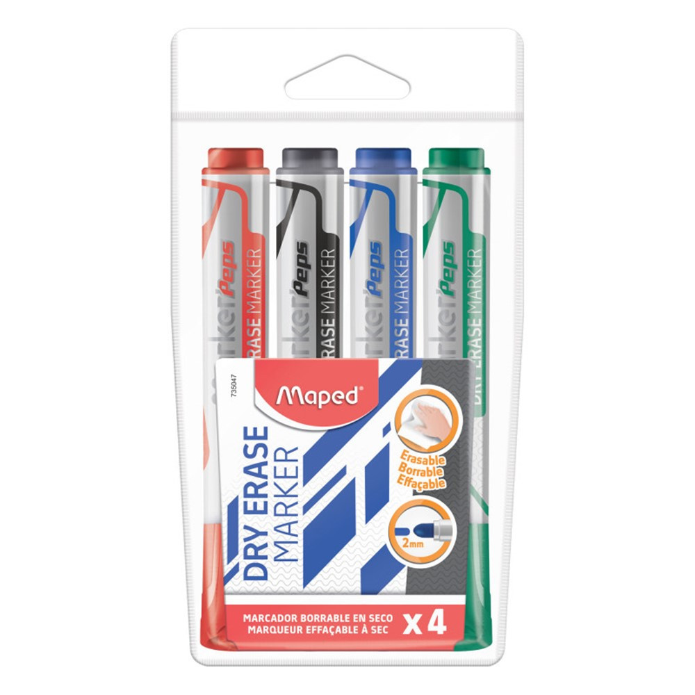 Marker'Peps Dry Erase Jumbo Marker, Bullet Tip, Pack of 4 - MAP735047 | Maped Helix Usa | Markers