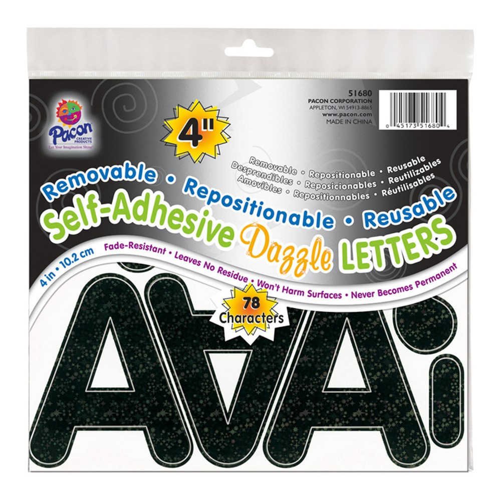 Self-Adhesive Letters, Black Dazzle, Puffy Font, 4", 78 Characters - PAC51680 | Dixon Ticonderoga Co - Pacon | Letters