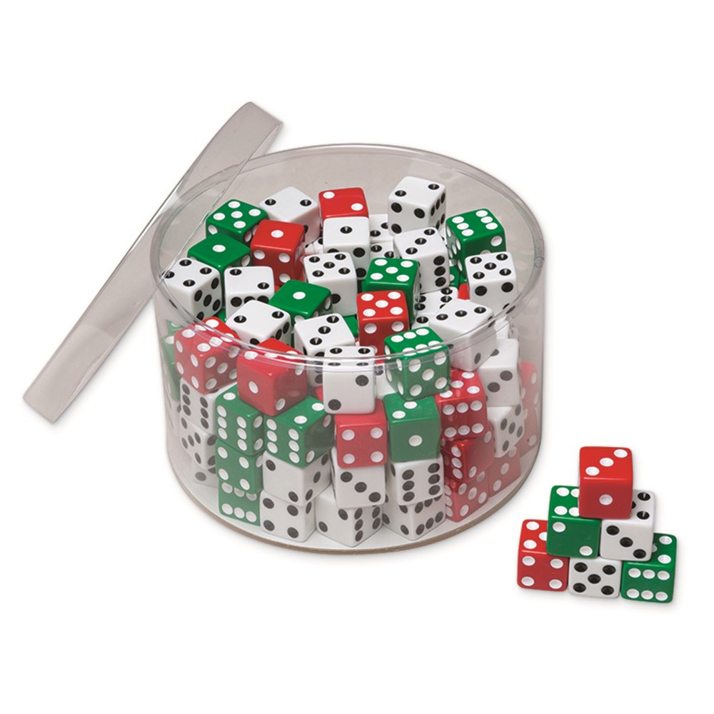 Drum of Dice, Assorted Red, Green & White, 0.625" x 0.625", 144 Pieces - PACAC707 | Dixon Ticonderoga Co - Pacon | Dice