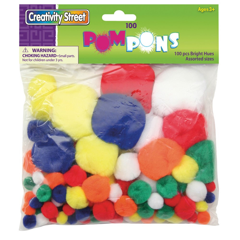 Pom Pons, Bright Hues, Assorted Sizes, 100 Pieces - PACAC812101 | Dixon Ticonderoga Co - Pacon | Craft Puffs