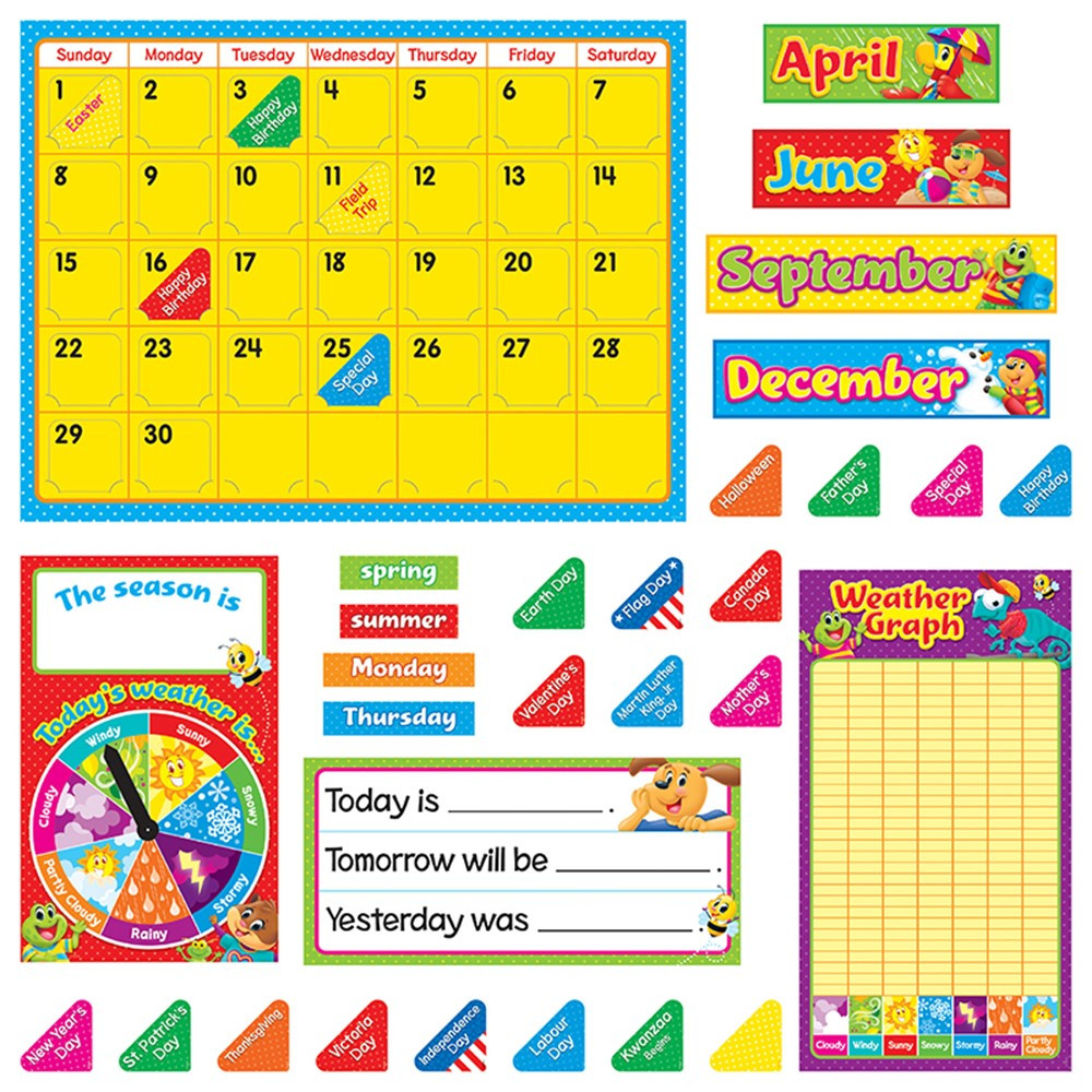 T-8420 - Playtime Pals Calendar Bulletin Board Set in Classroom Theme