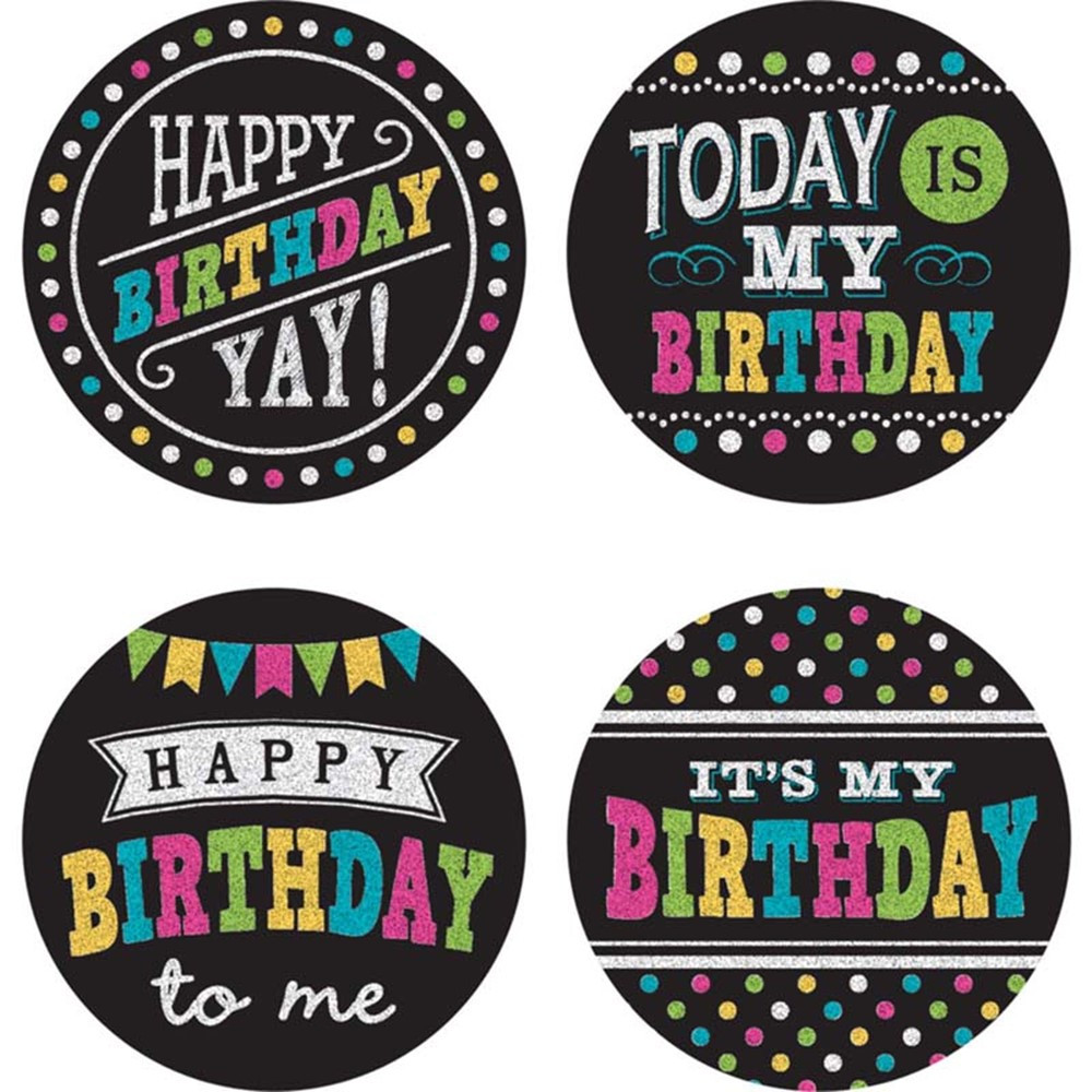 Chalkboard Brights Happy Birthday Wear 'Em Badges, Pack of 32 - TCR5601 | Teacher Created Resources | Badges