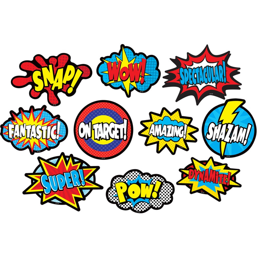 TCR77322 - Superhero Sayings Accents Clingy Thingies in Accents