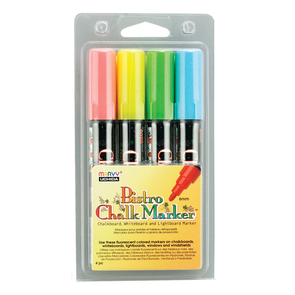 UCH4804A - Bistro Chalk Markers Brd Tip 4 Clr Set Fluorescent Red Blu Grn Ylw in Markers