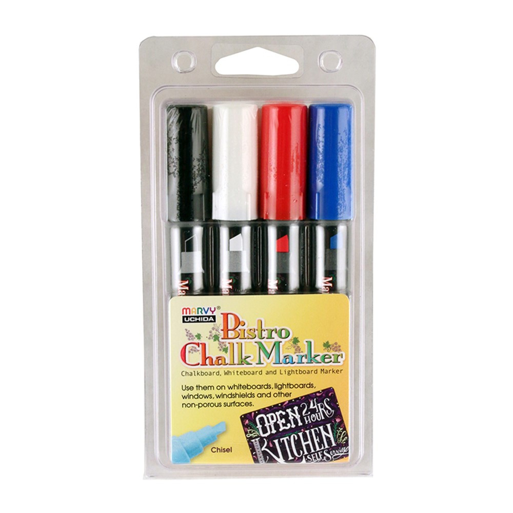UCH4834C - Bistro Chalk Markers Chisel Tip 4 Clr Set White Black Red Blue in Markers