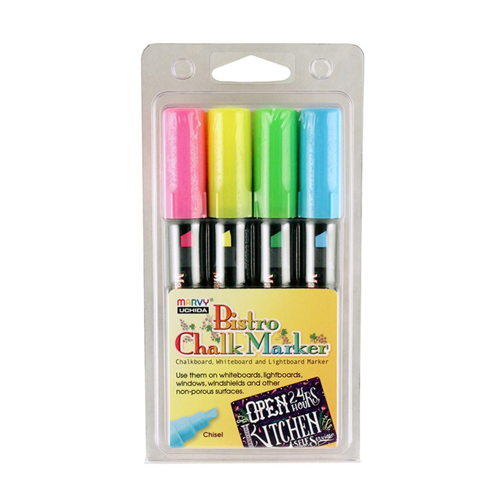 UCH4834H - Bistro Chalk Markers Chisel Tip 4 Clr Set Fluor Ylw Pnk Grn Blu in Markers