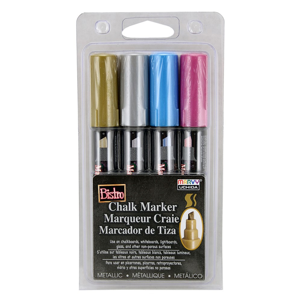 Bistro Chalk Markers, Chisel Tip, 4-Color Set, Silver, Gold, Blue, Red -  UCH4834M