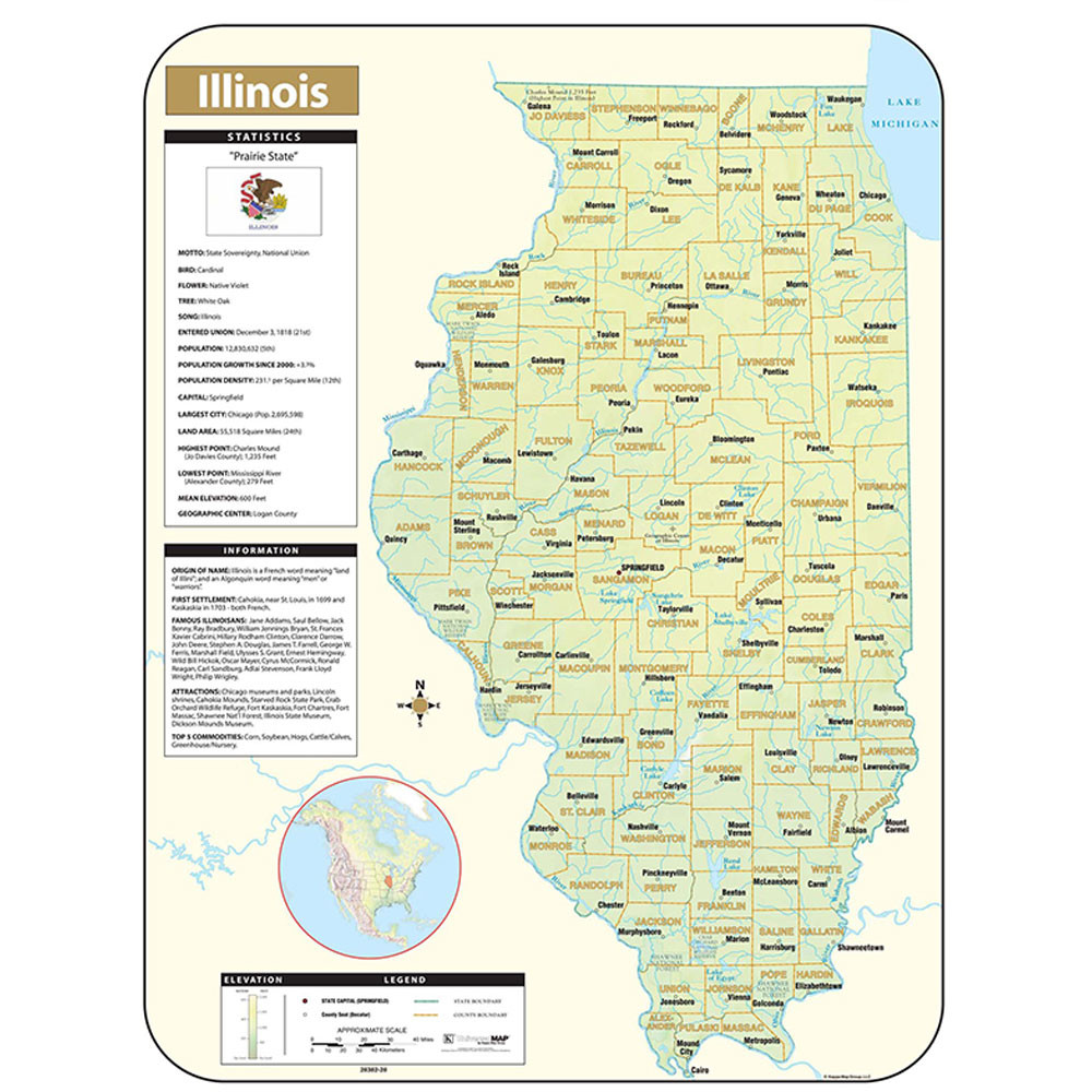 UNI28382 - Shaded Relief Map Rolled Illinois in Maps & Map Skills