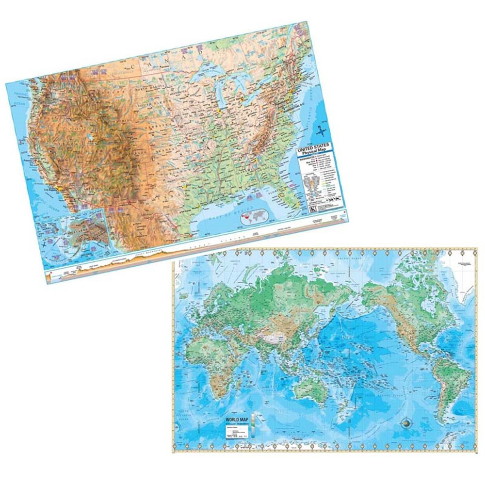 UNI2982327 - Us & World Adv Physical Map Set Rolled 50X32 in Maps & Map Skills