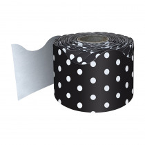 Black with White Polka Dots Rolled Scalloped Border, 65 Feet - CD-108474 | Carson Dellosa Education | Border/Trimmer