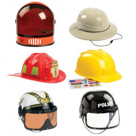 6 Piece Helmet Set Includes Astronaut, Firefighter, Armed Forces, Police, Construction & Pith Helmet