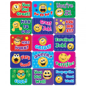 Emoticons Success Stickers, 5 Designs, 1-3/8" x 1", 120/pkg
