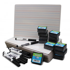 Double-Sided Magnetic Red & Blue Ruled Dry Erase Board 9" x 12" + Erasers + Black Markers, Class Pack of 12