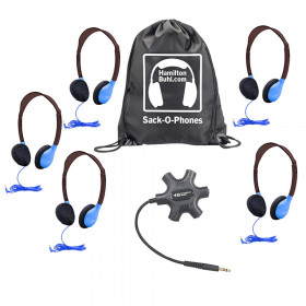 Galaxy Econo-Line of Sack-O-Phones with 5 Blue Personal-Sized Headphones, Starfish Jackbox and Carry Bag