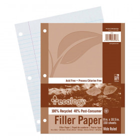 Recycled Filler Paper, White, 3-Hole Punched, 3/8" Ruled w/ Margin 8" x 10-1/2", 150 Sheets