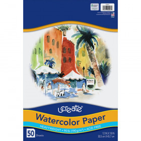 Watercolor Paper, White, Package, 90lb., 12" x 18", 50 Sheets