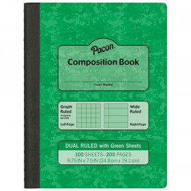 Dual Ruled Composition Book, Green, 1/4 in grid and 3/8 in (wide) 9-3/4" x 7-1/2", 100 Sheets