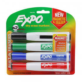 Magnetic Dry Erase Markers with Eraser, Chisel Tip, Assorted, 4-Count