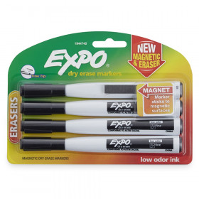 Magnetic Dry Erase Markers with Eraser, Fine Tip, Black, 4-Count